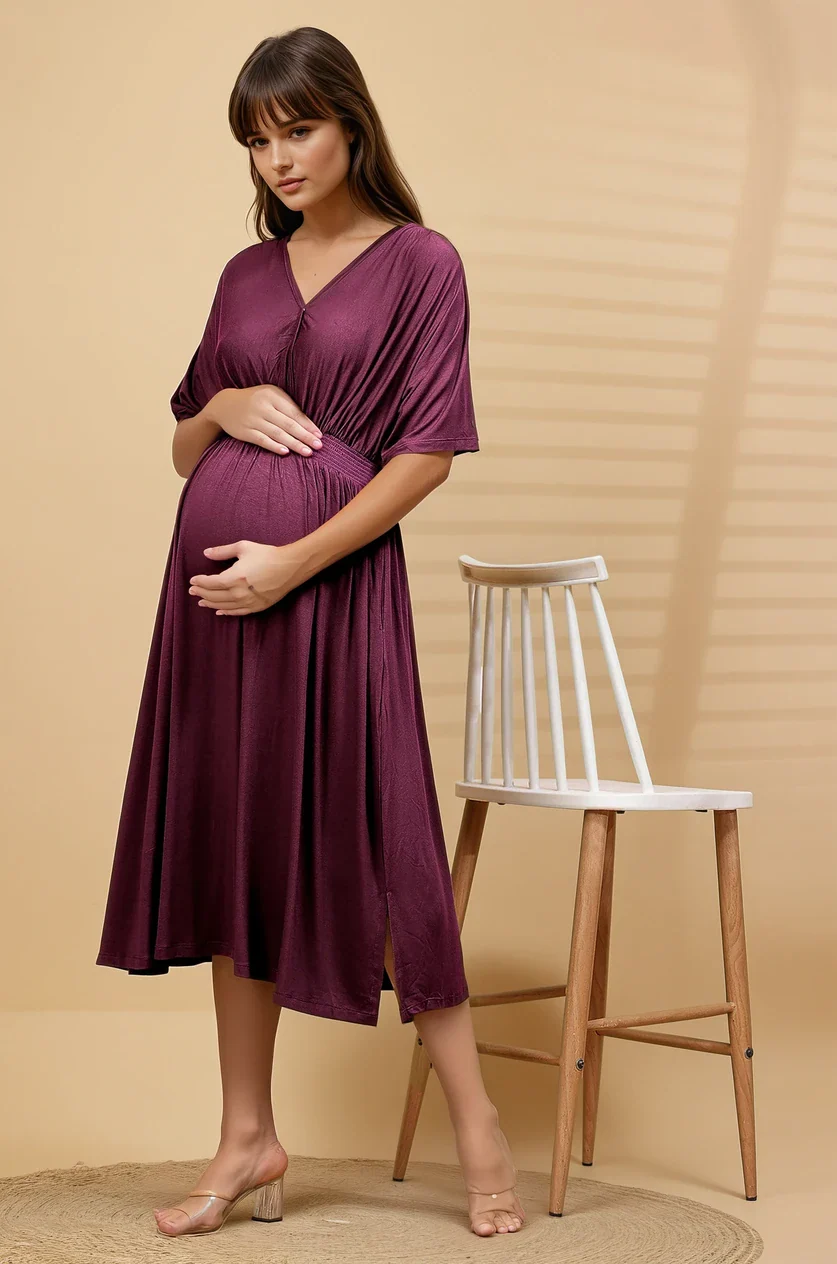 Burgundy Solid Smocked Waist Zipless Feeding Dress - Image 6