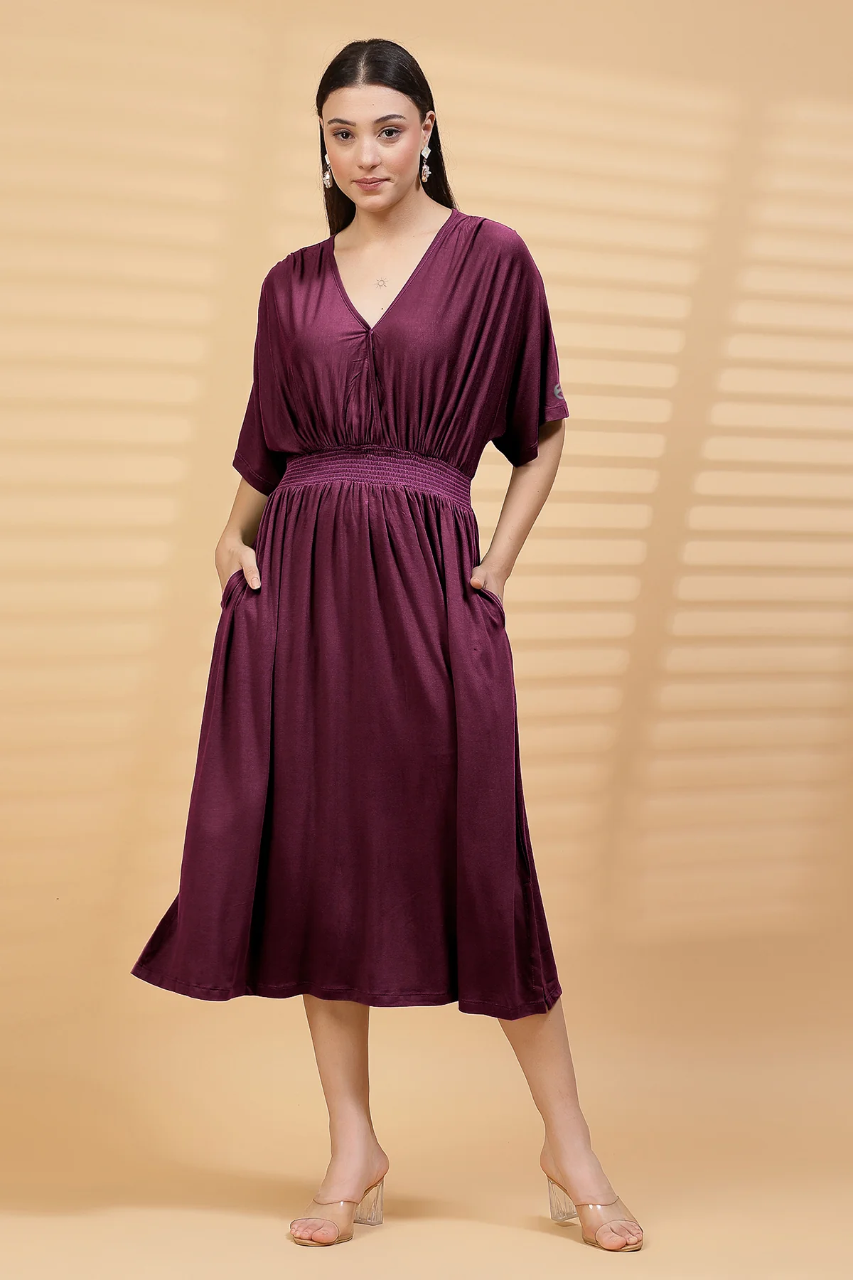 Burgundy Solid Smocked Waist Zipless Feeding Dress - Image 7