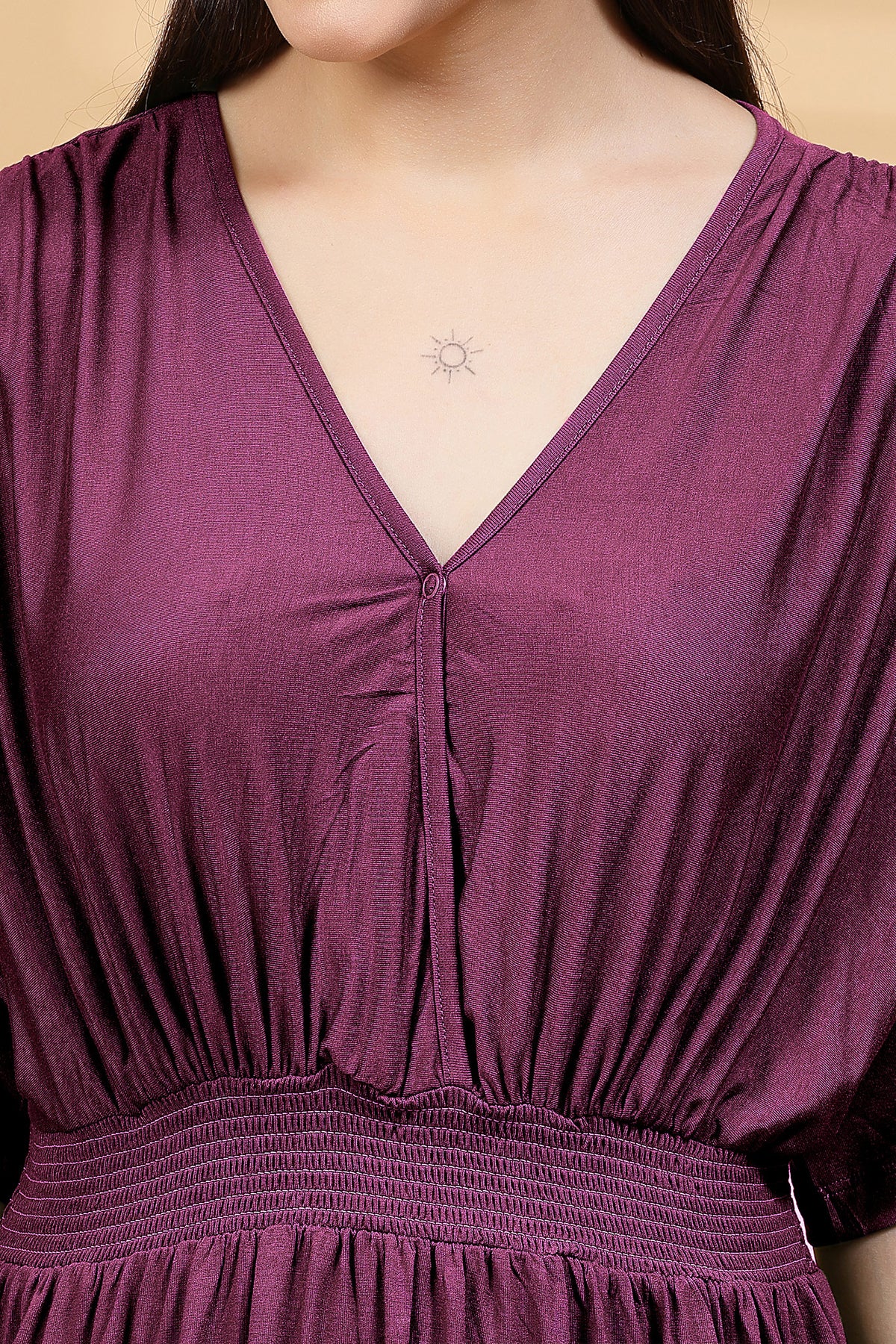 Burgundy Solid Smocked Waist Zipless Feeding Dress - Image 8