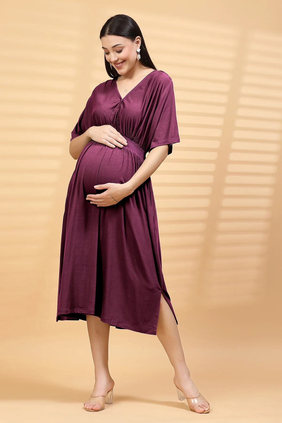 Burgundy Solid Smocked Waist Zipless Feeding Dress - Image 9