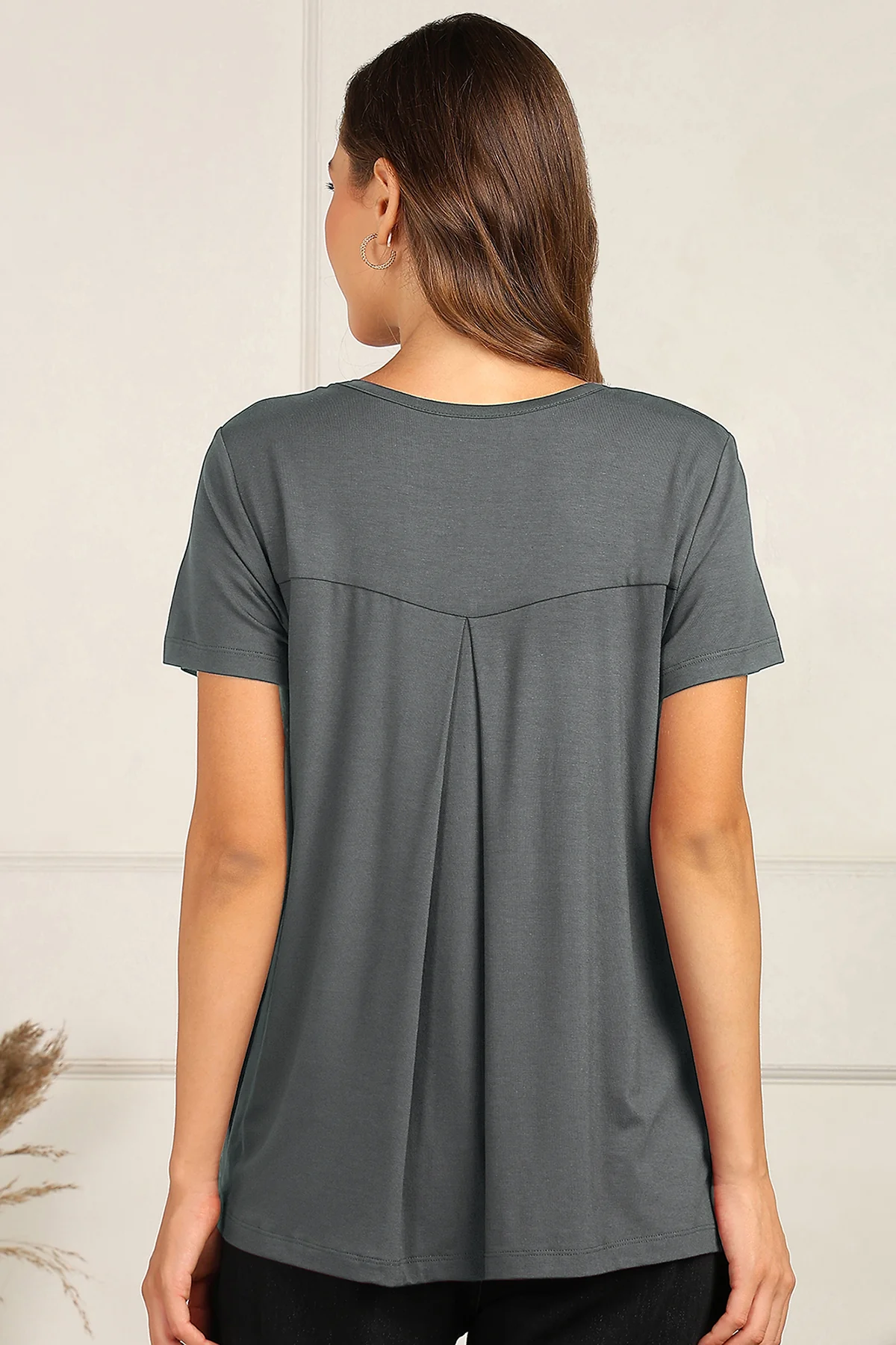 Charcoal Grey Front & Back Pleated Zipless Nursing Top - Image 3