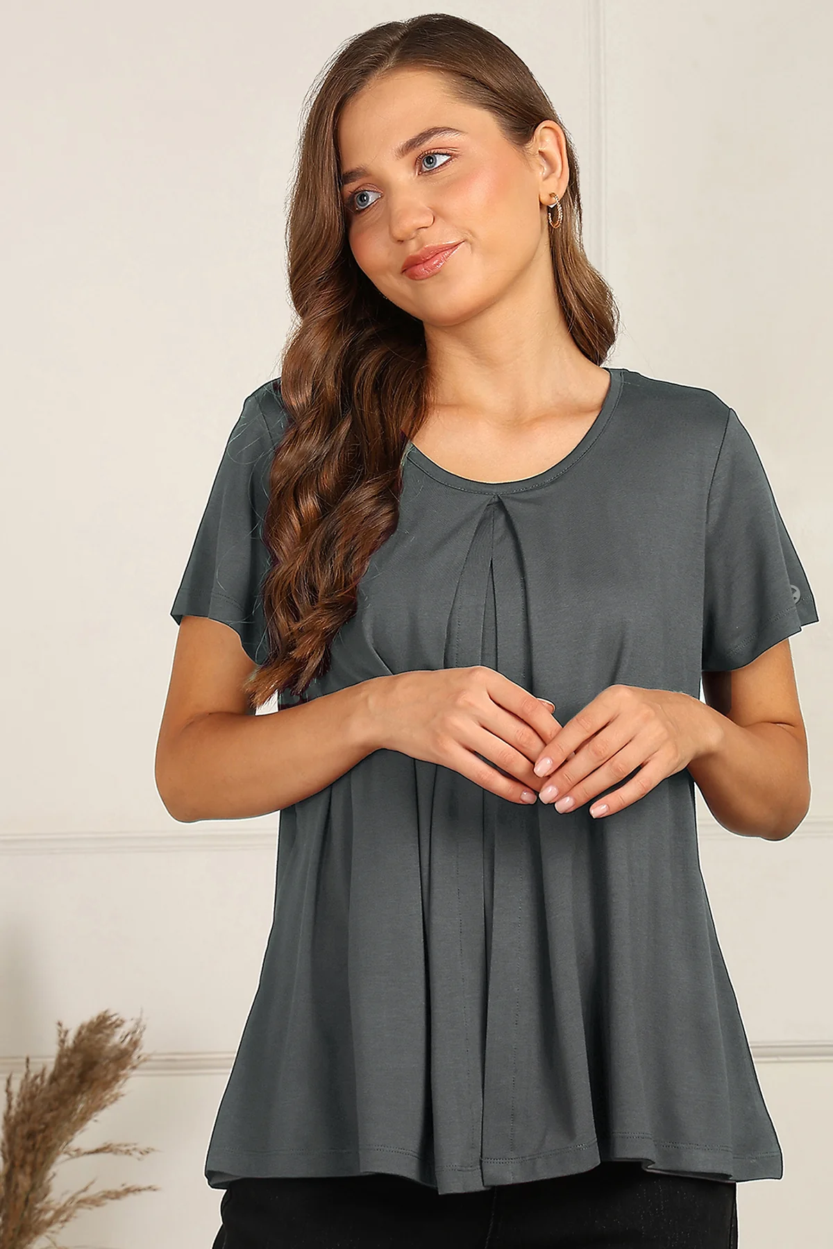 Charcoal Grey Front & Back Pleated Zipless Nursing Top - Image 4