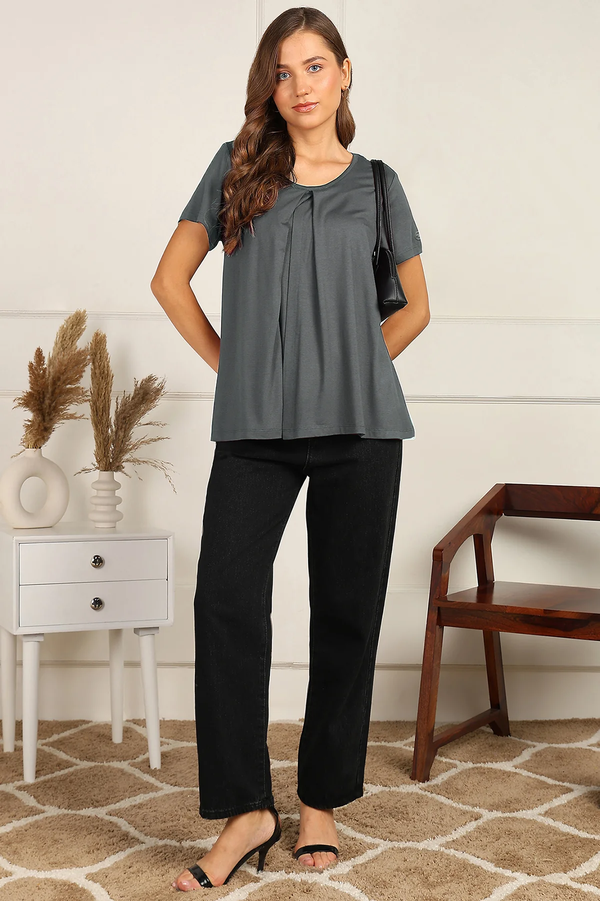 Charcoal Grey Front & Back Pleated Zipless Nursing Top - Image 5