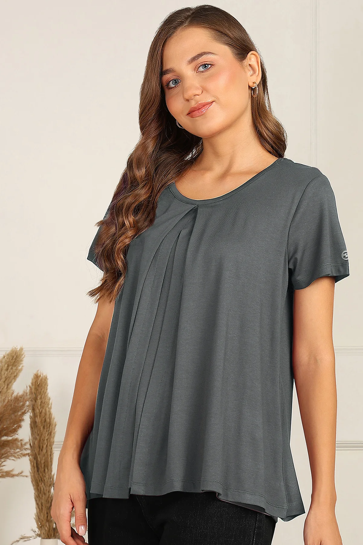 Charcoal Grey Front & Back Pleated Zipless Nursing Top - Image 7