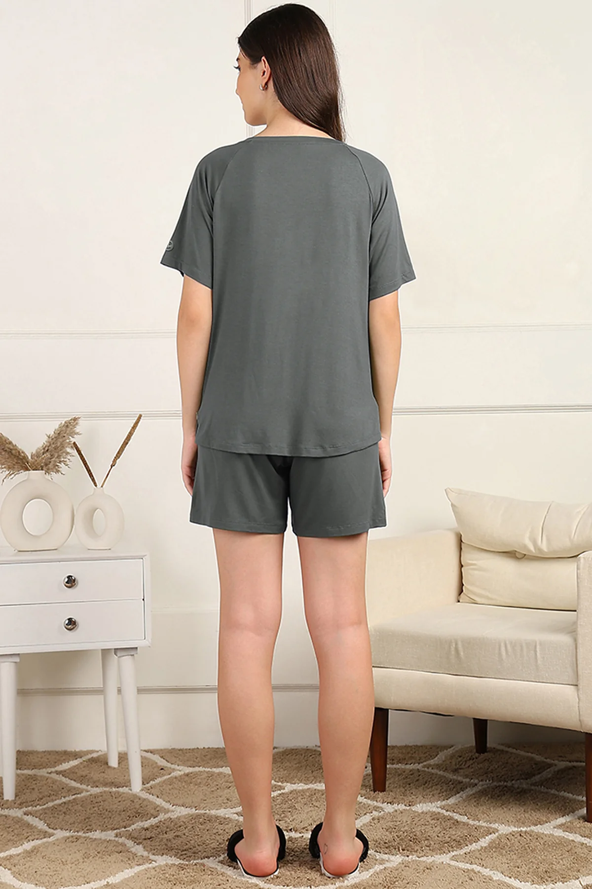 Charcoal Grey Maternity Nursing Top & Shorts Set - Image 2