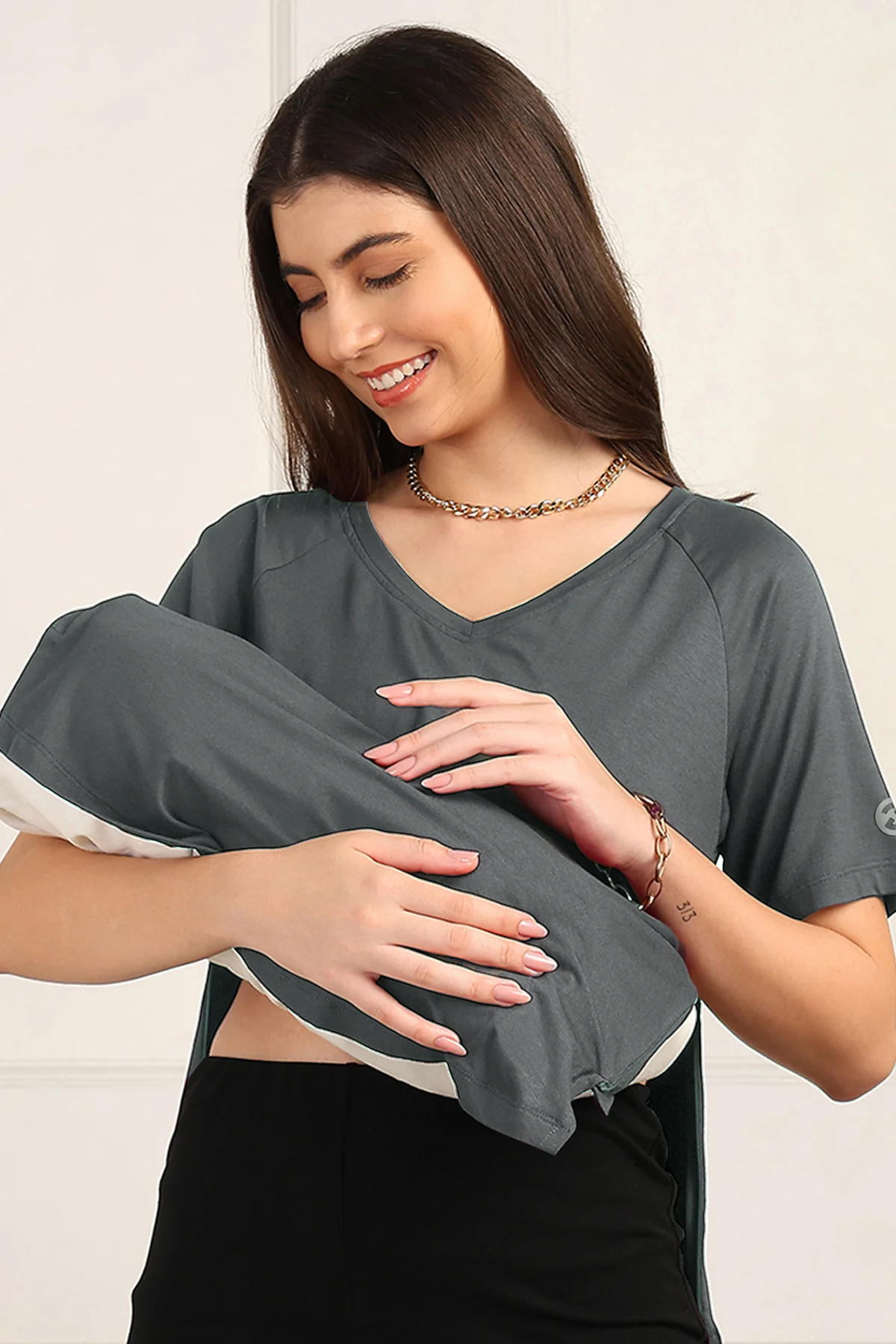 Charcoal Grey Maternity Nursing Top & Shorts Set - Image 8