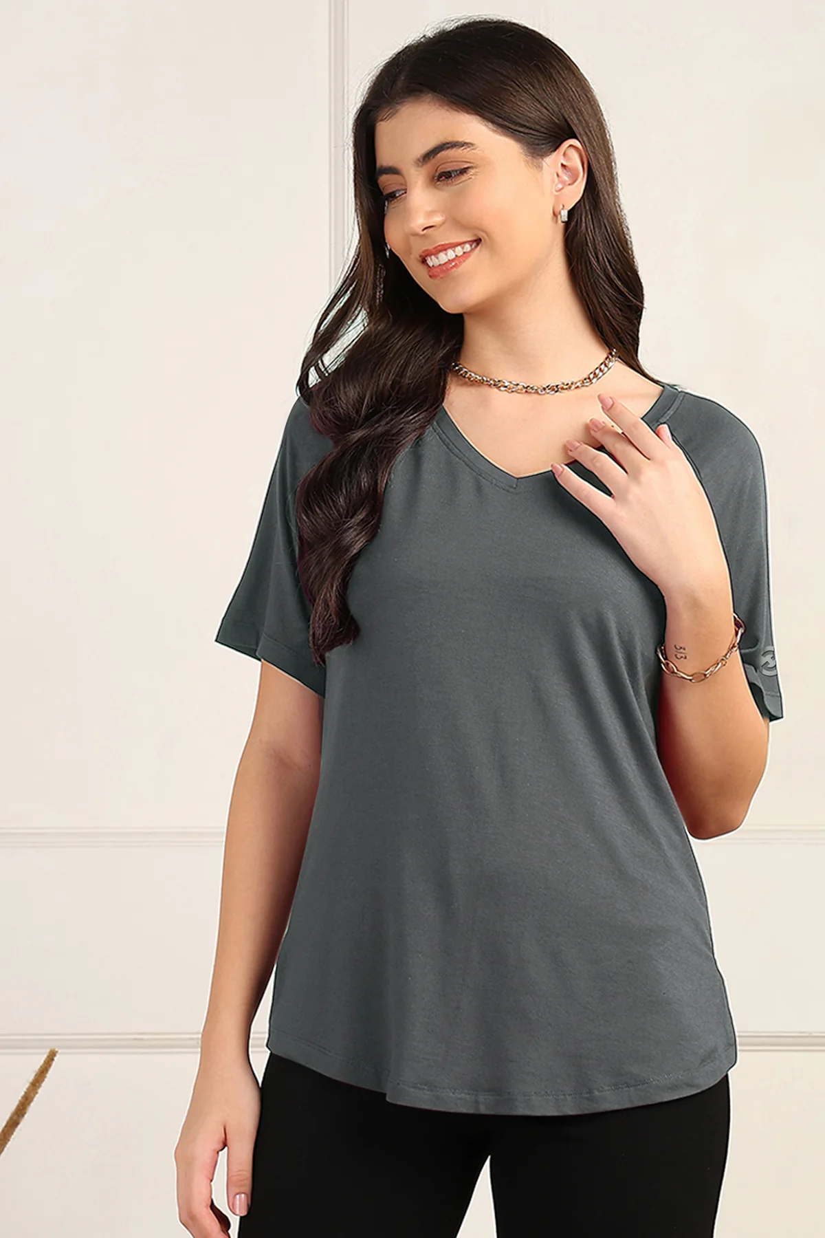Charcoal Grey Solid Nursing Top with Side Zip Access - Image 4