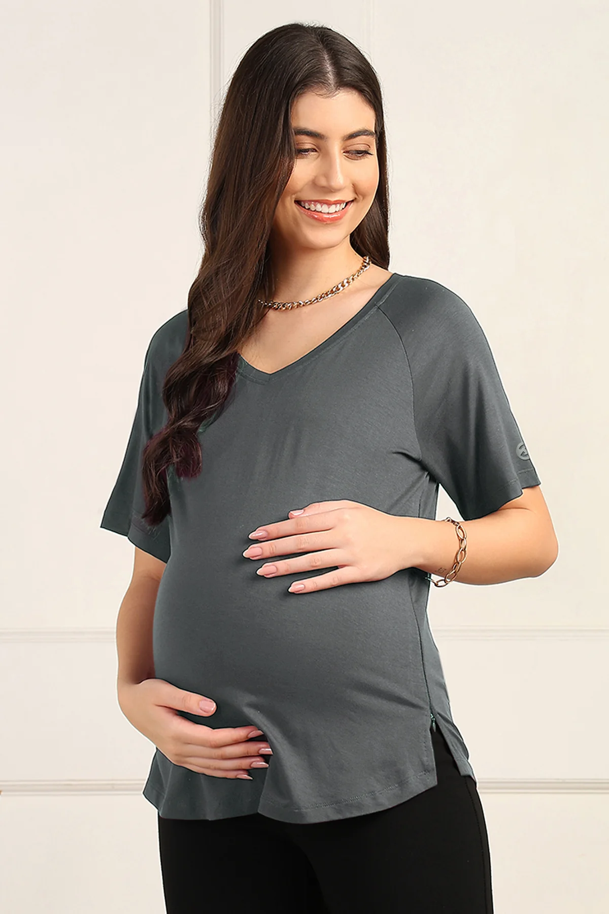 Charcoal Grey Solid Nursing Top with Side Zip Access - Image 5