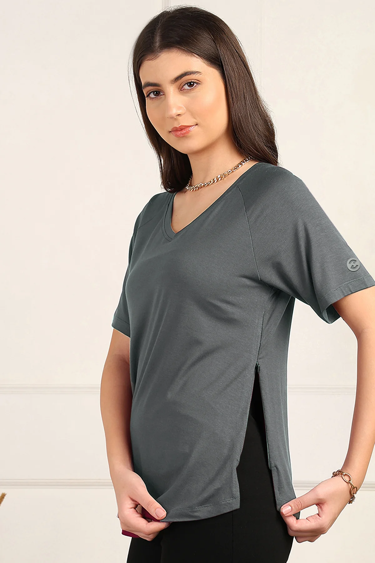 Charcoal Grey Solid Nursing Top with Side Zip Access - Image 6