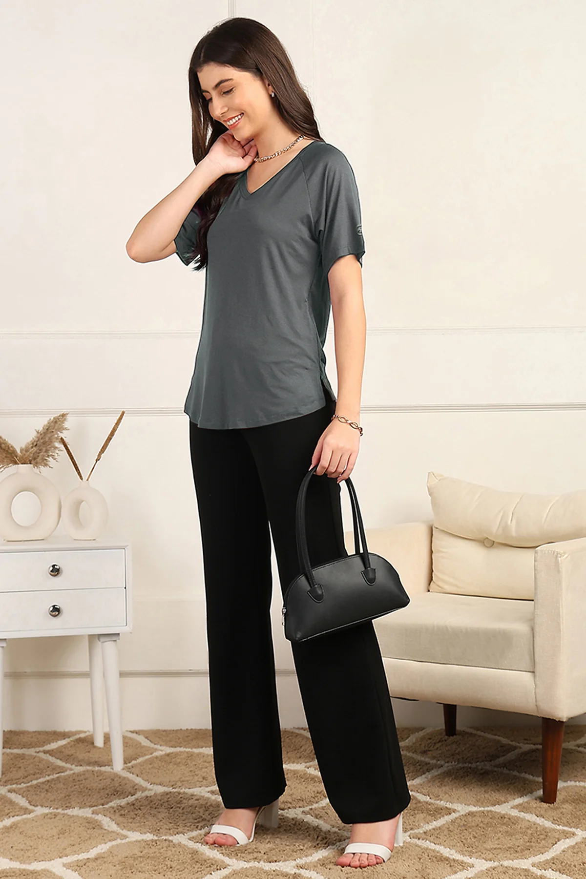 Charcoal Grey Solid Nursing Top with Side Zip Access - Image 7