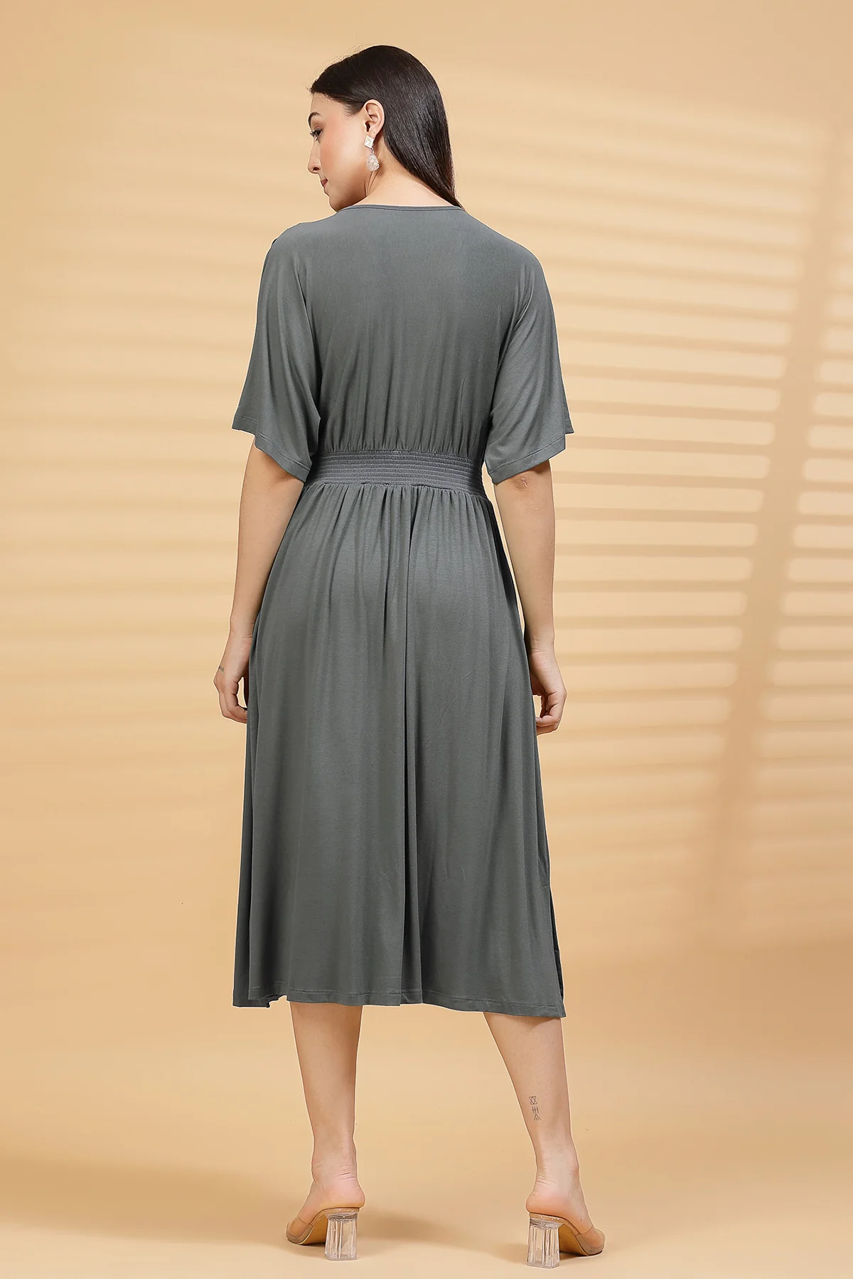 Charcoal Grey Solid Smocked Waist Zipless Feeding Dress - Image 4