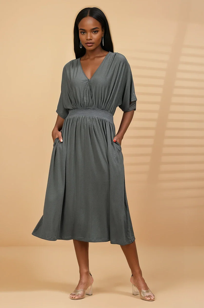 Charcoal Grey Solid Smocked Waist Zipless Feeding Dress - Image 5