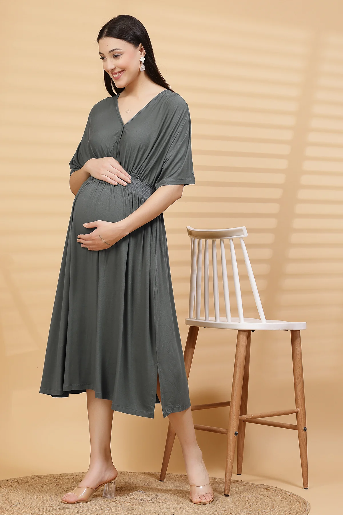 Charcoal Grey Solid Smocked Waist Zipless Feeding Dress - Image 6