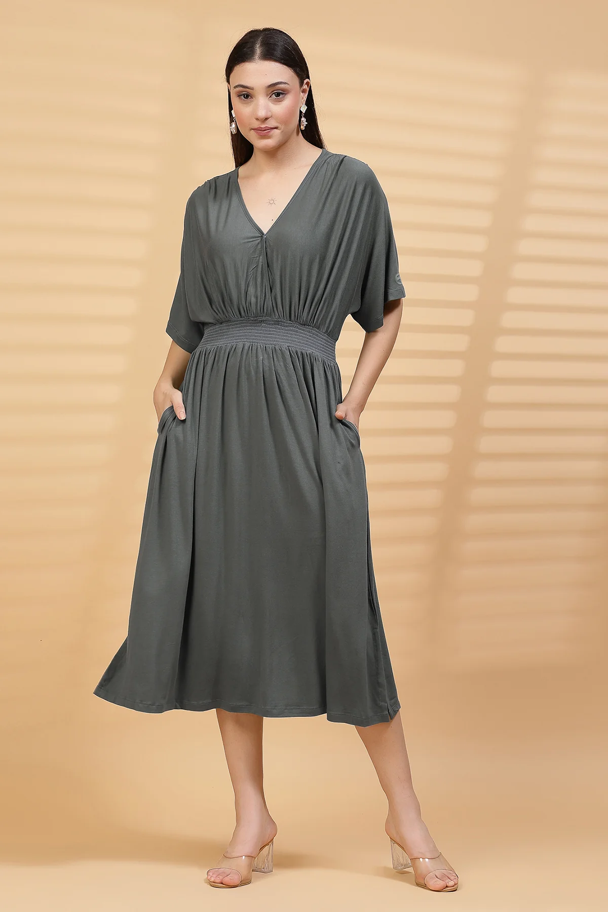 Charcoal Grey Solid Smocked Waist Zipless Feeding Dress - Image 8