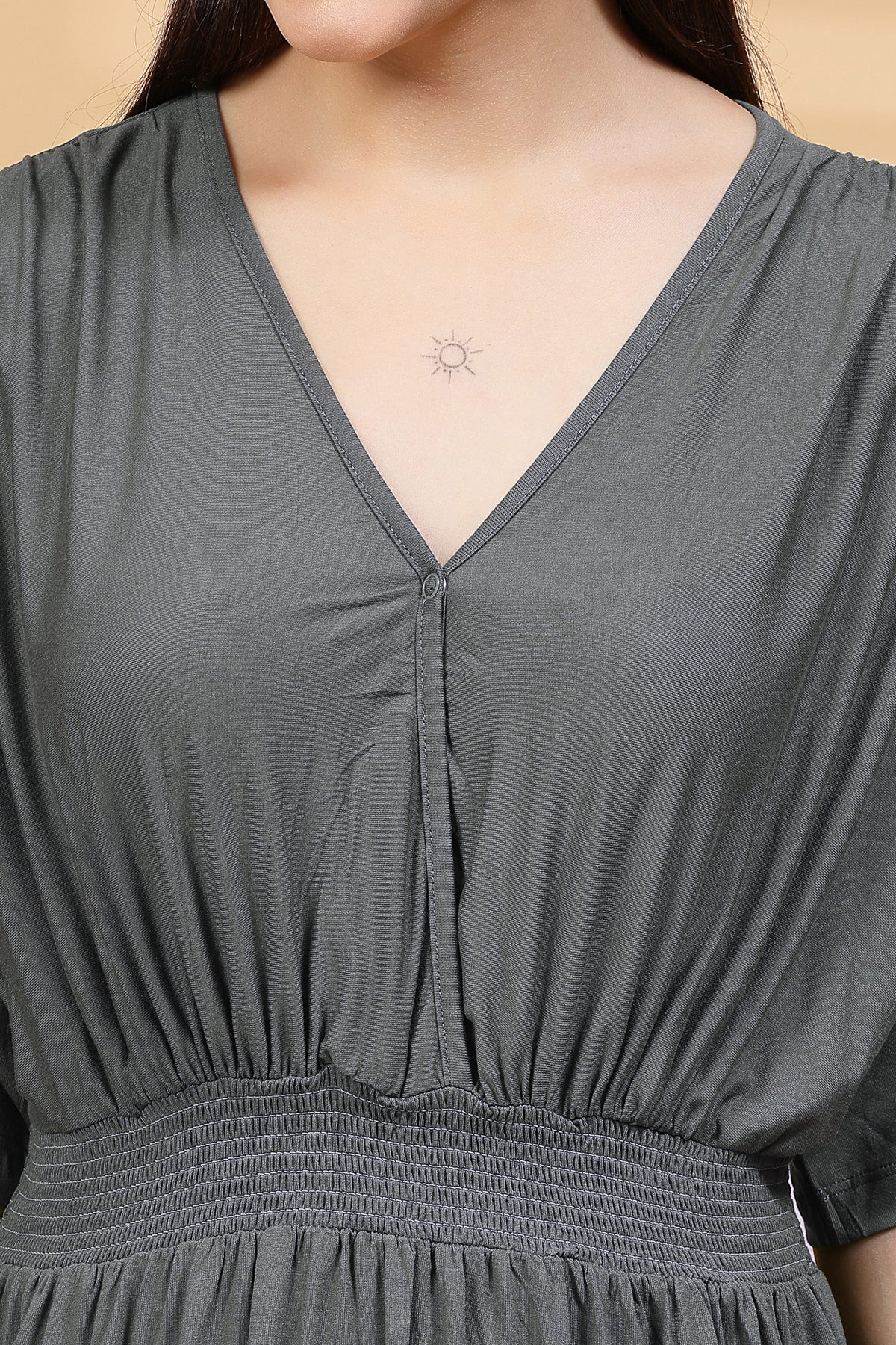Charcoal Grey Solid Smocked Waist Zipless Feeding Dress - Image 9