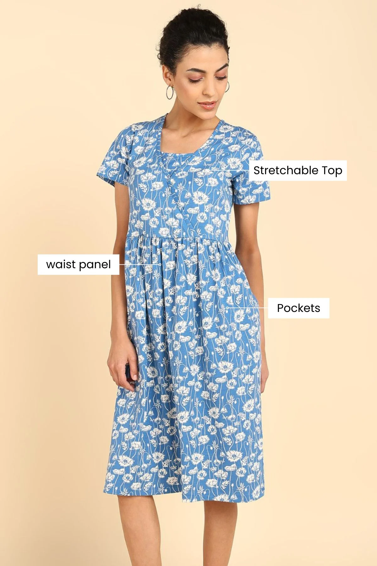 Blue Printed Maternity Zipless Feeding Dress - Image 3