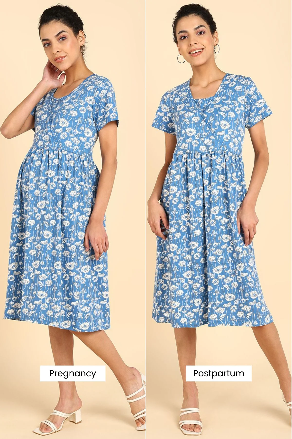 Blue Printed Maternity Zipless Feeding Dress - Image 4