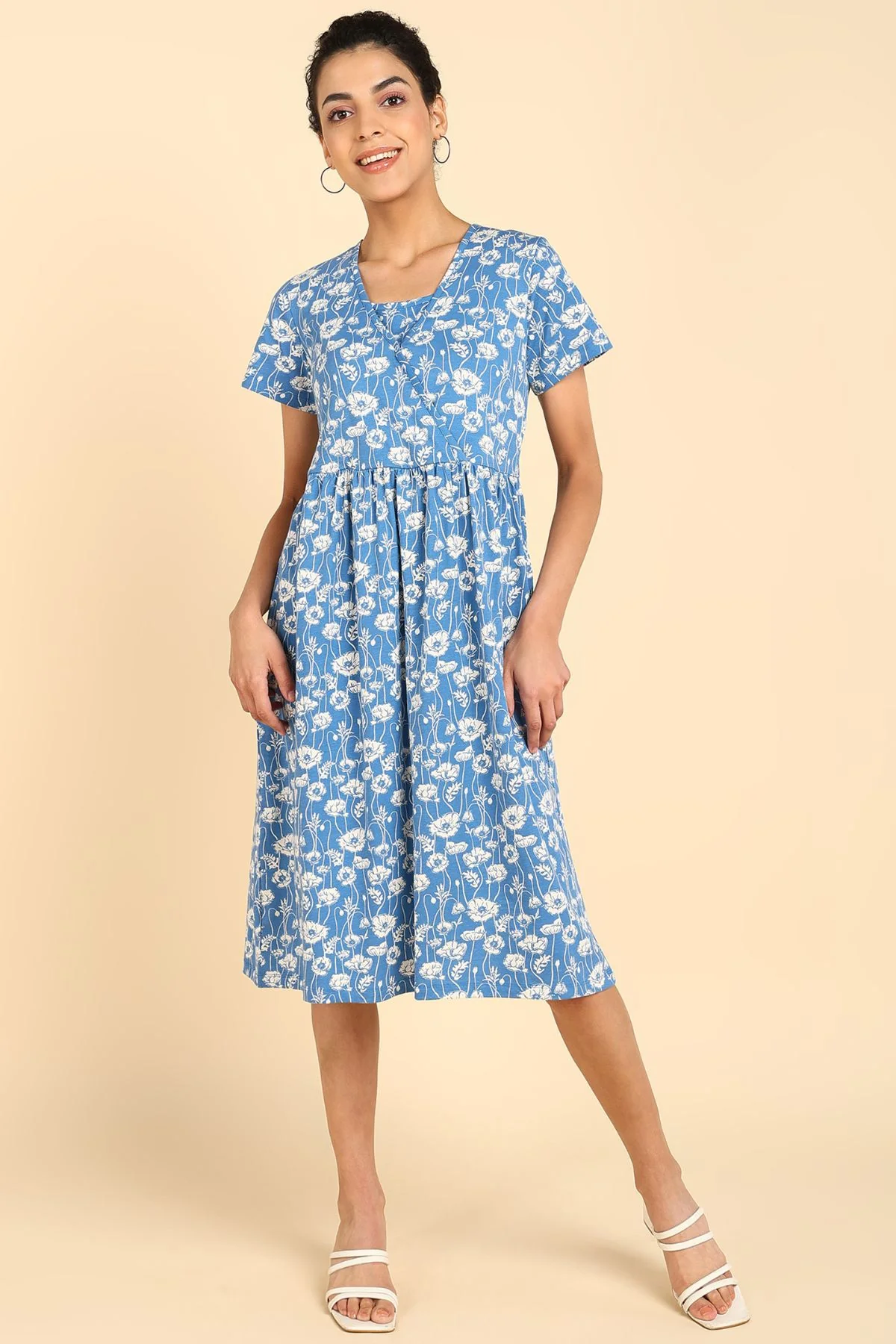 Blue Printed Maternity Zipless Feeding Dress - Image 8