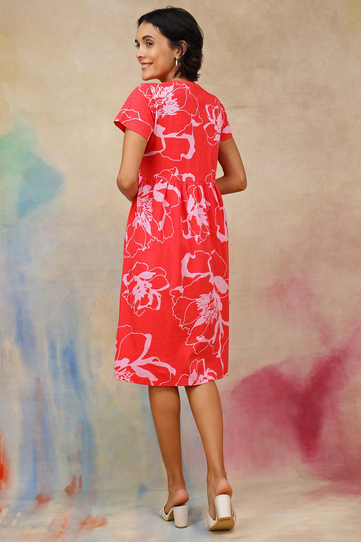 Coral Printed Maternity Zipless Feeding Dress - Image 3