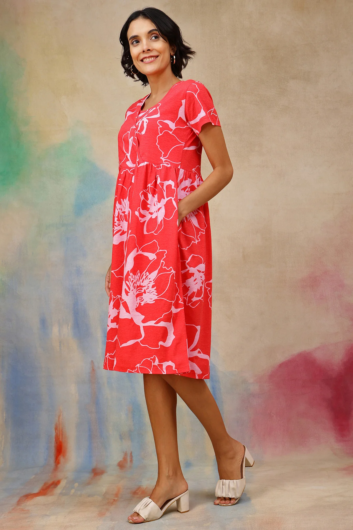 Coral Printed Maternity Zipless Feeding Dress - Image 8