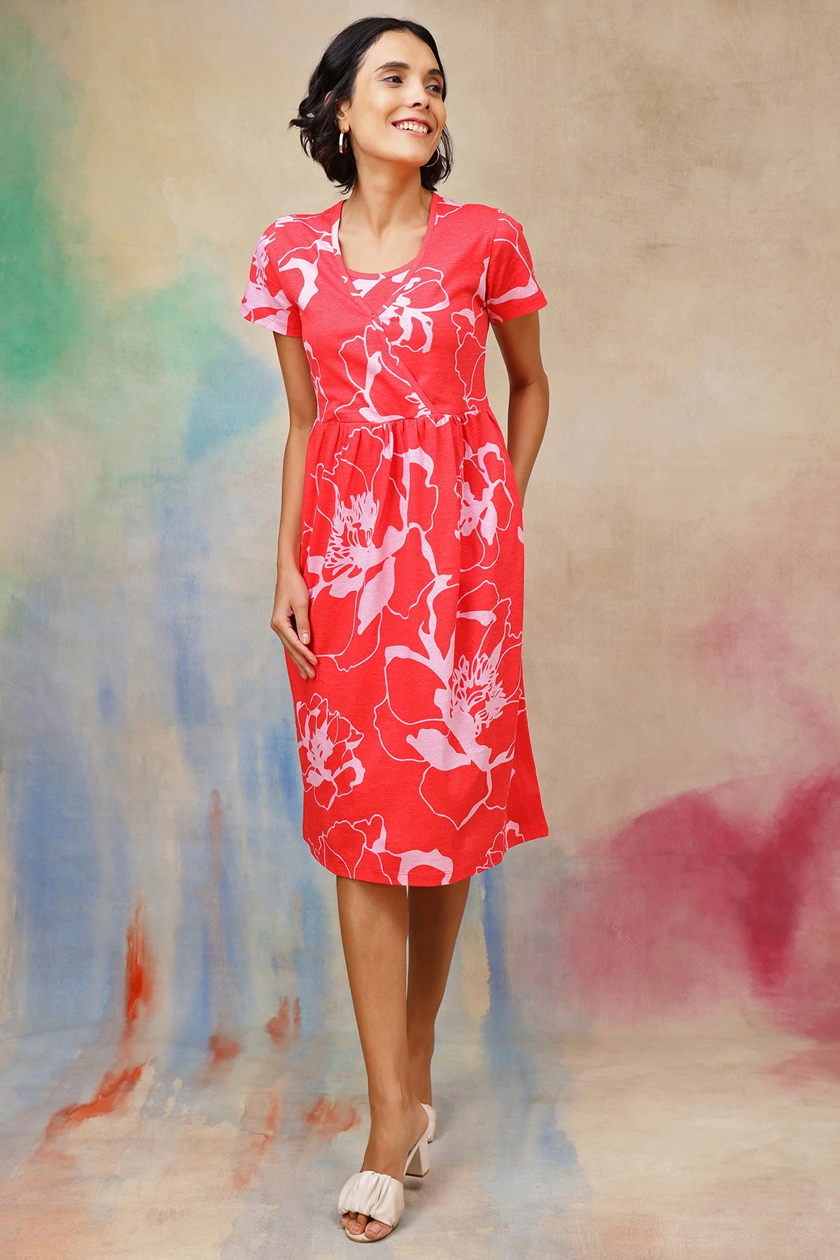 Coral Printed Maternity Zipless Feeding Dress - Image 9