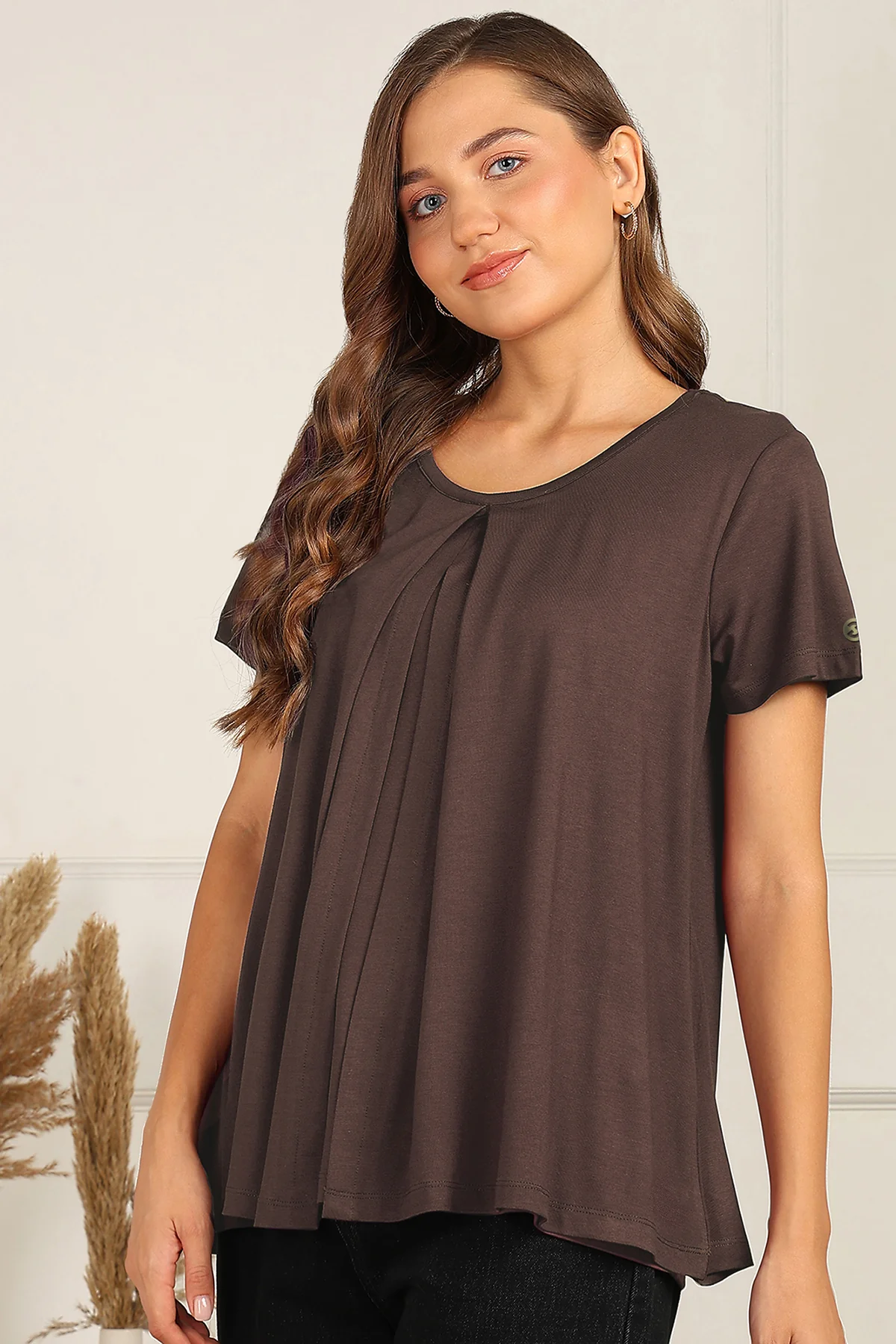 Dark Chocolate Front & Back Pleated Zipless Nursing Top - Image 5
