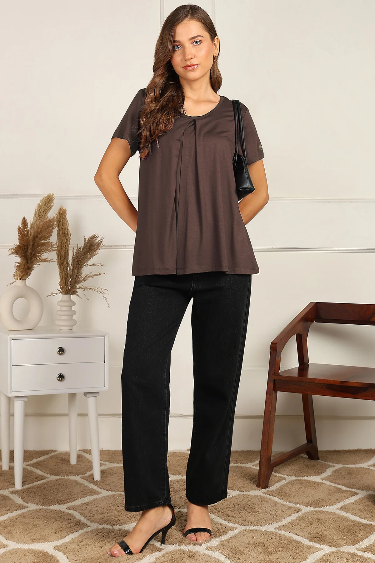 Dark Chocolate Front & Back Pleated Zipless Nursing Top - Image 7