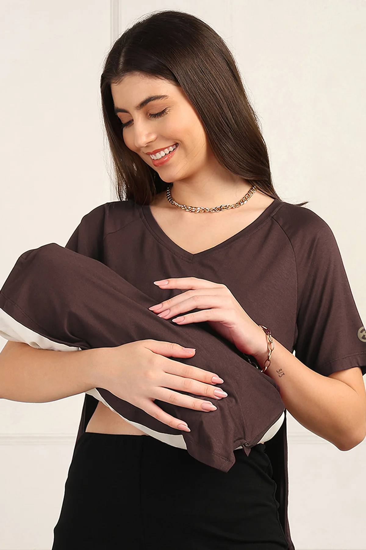 Dark Chocolate Solid Nursing Top with Side Zip Access - Image 3