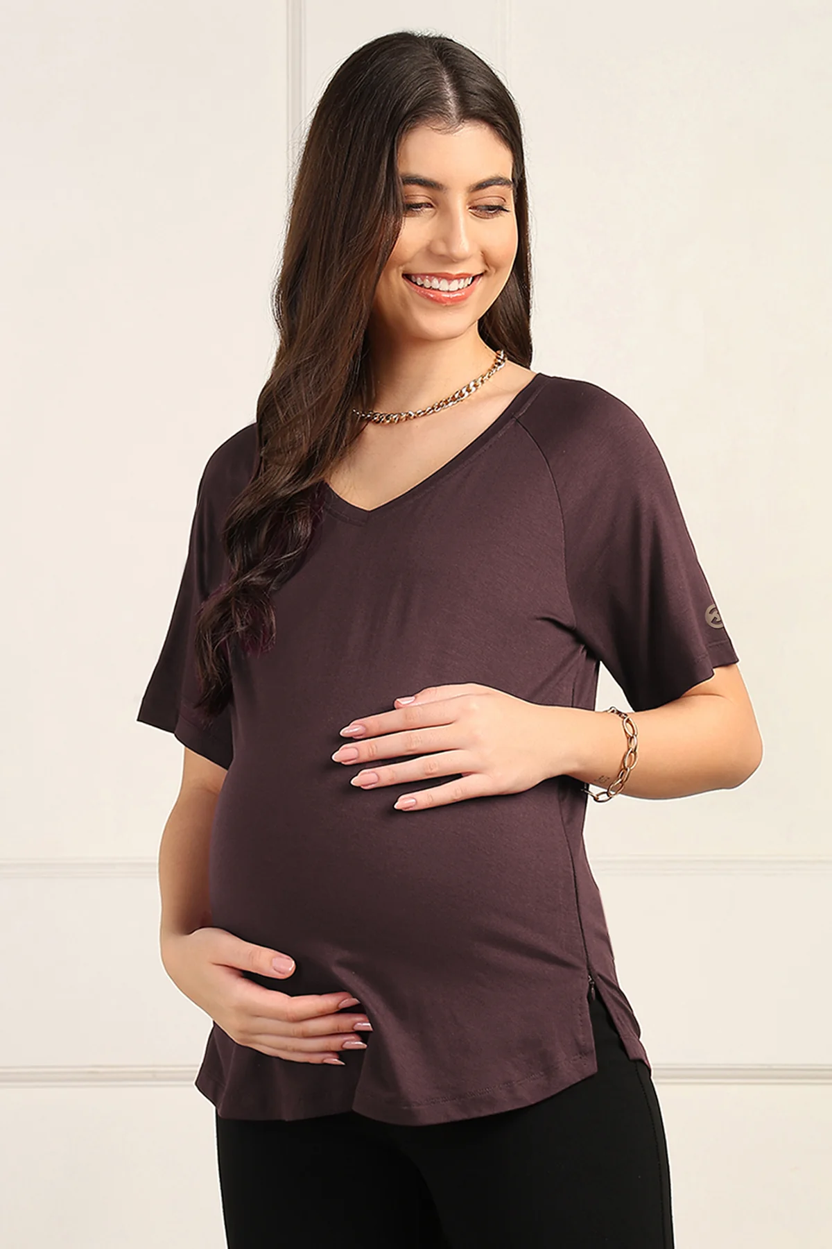 Dark Chocolate Solid Nursing Top with Side Zip Access - Image 5