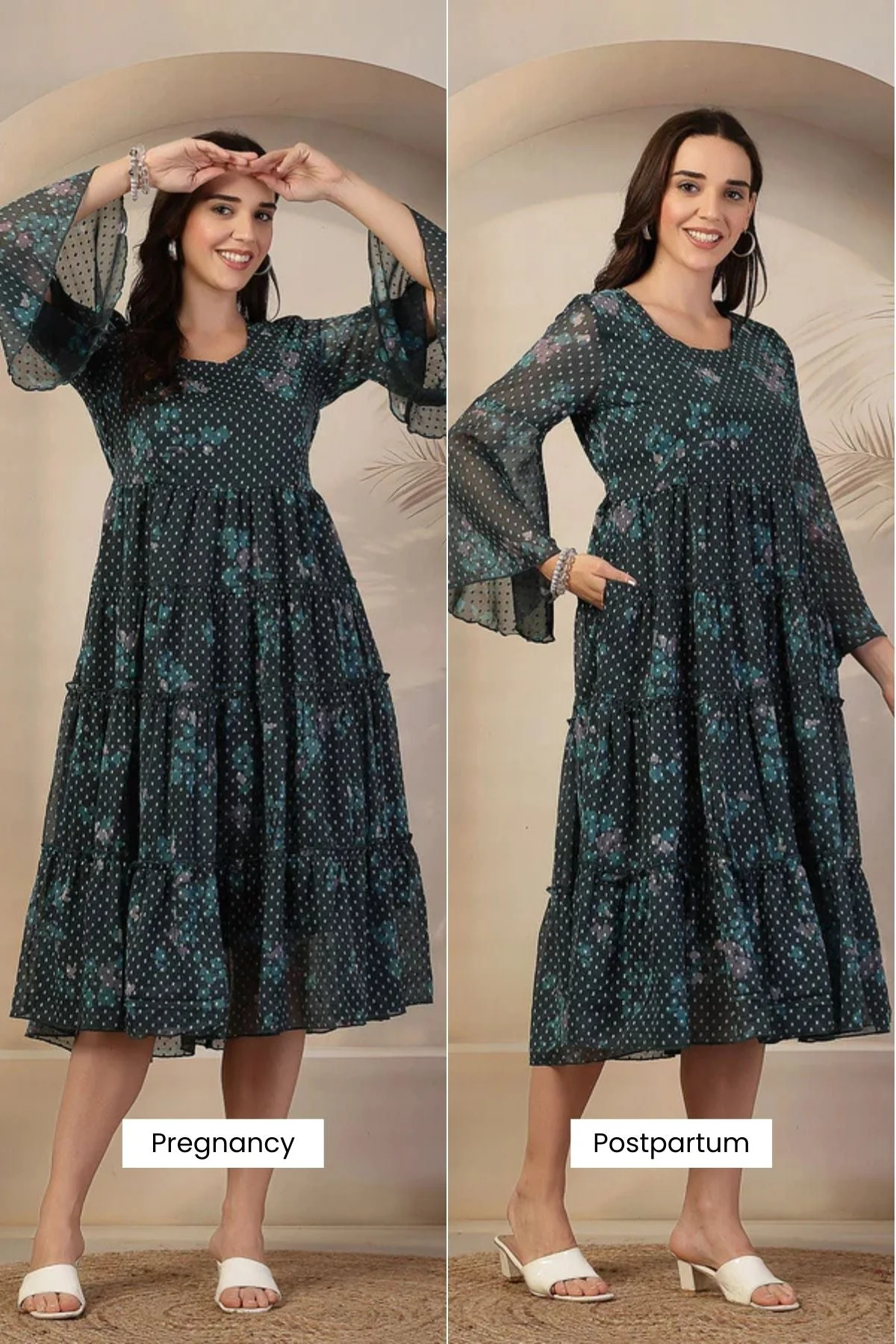 Dark Green Floral Printed Maternity Feeding Tiered Dress - Image 11