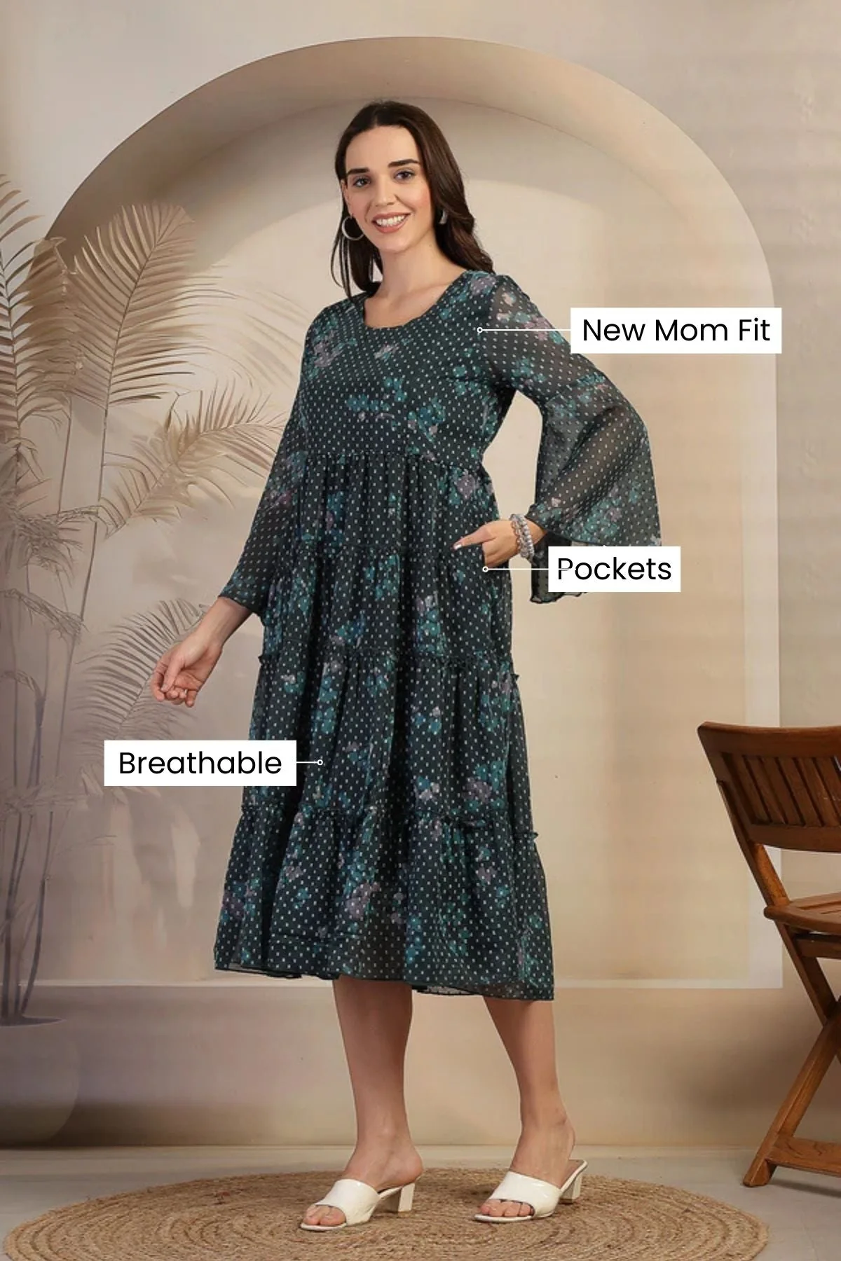 Dark Green Floral Printed Maternity Feeding Tiered Dress - Image 12