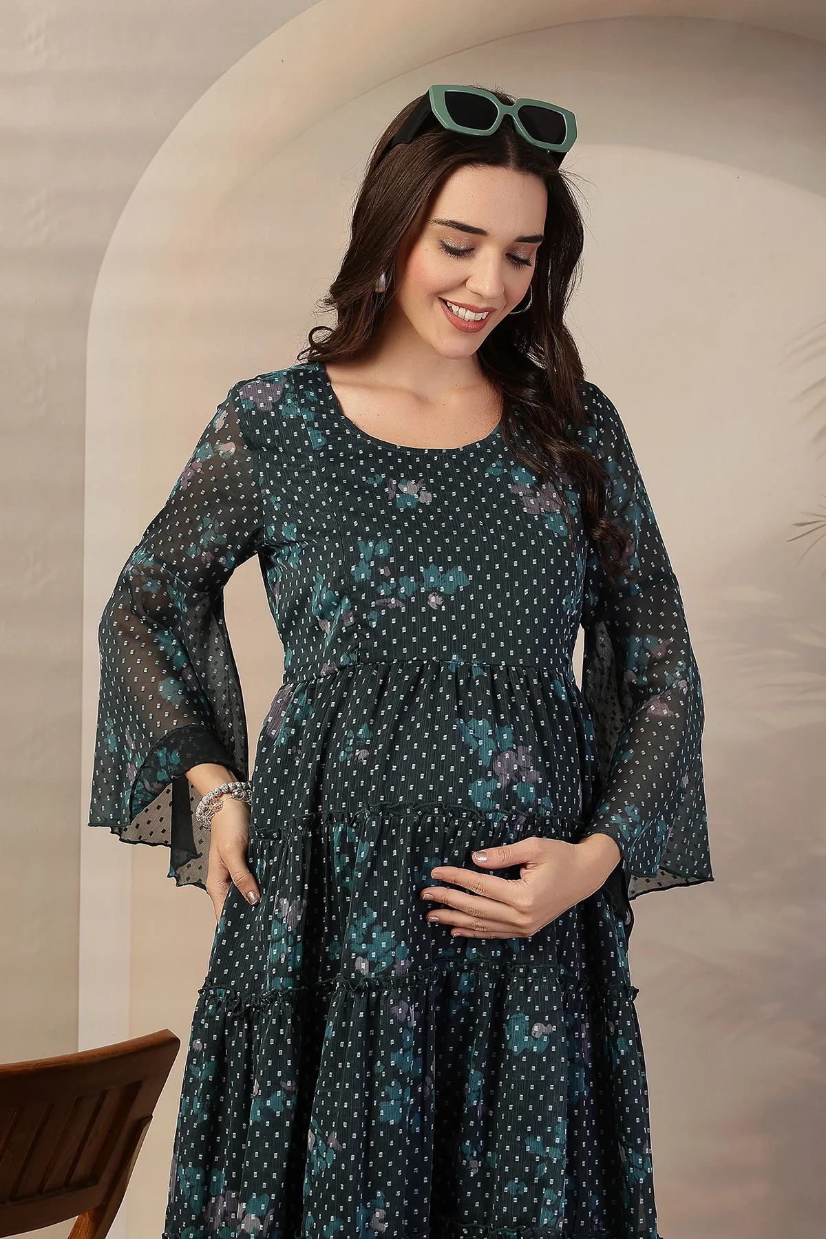 Dark Green Floral Printed Maternity Feeding Tiered Dress - Image 5