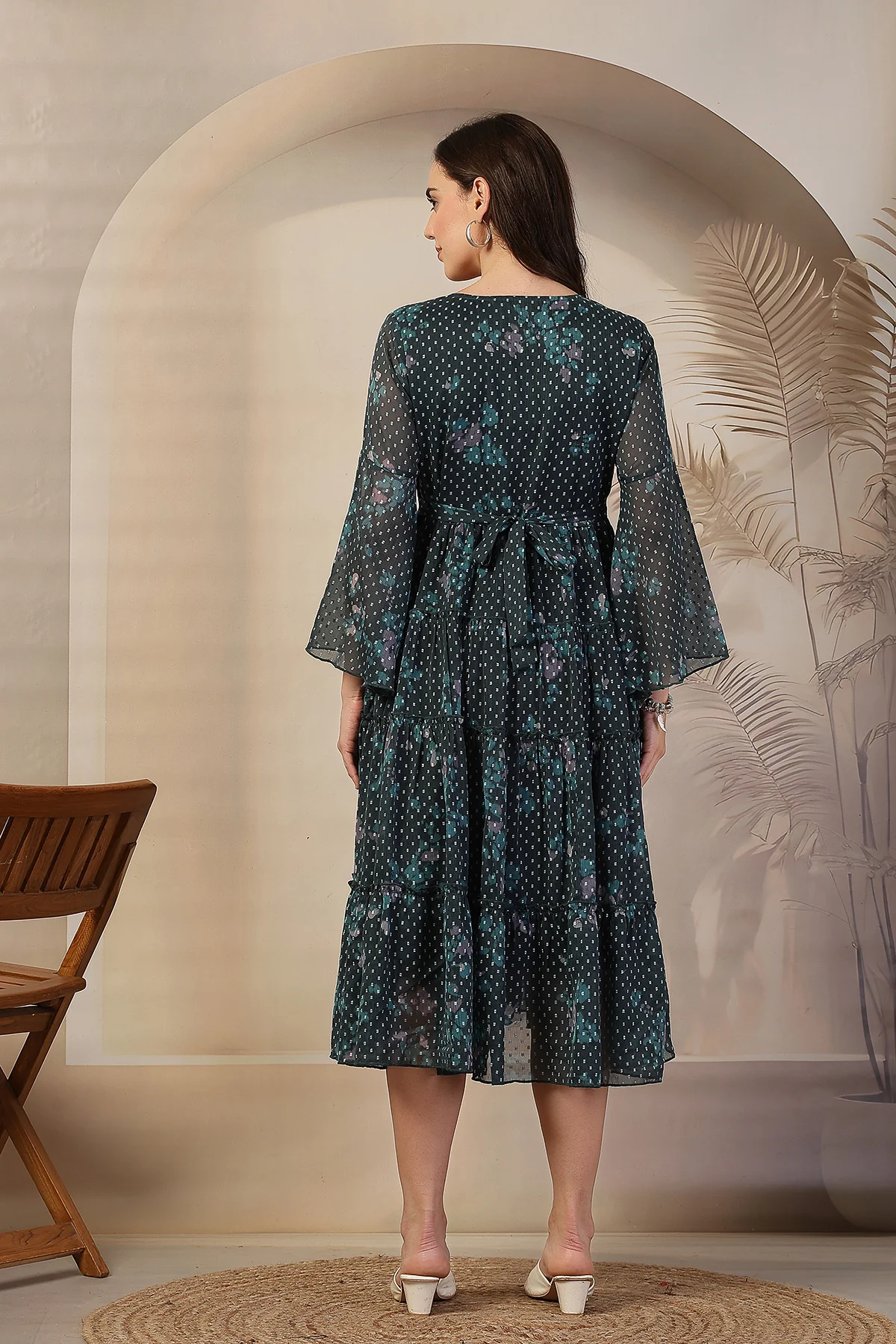 Dark Green Floral Printed Maternity Feeding Tiered Dress - Image 6