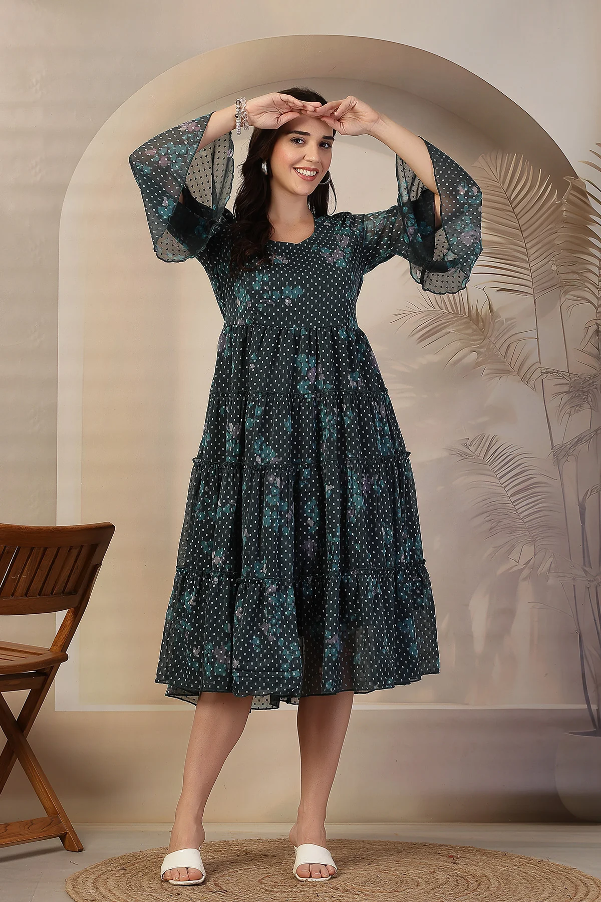 Dark Green Floral Printed Maternity Feeding Tiered Dress - Image 7