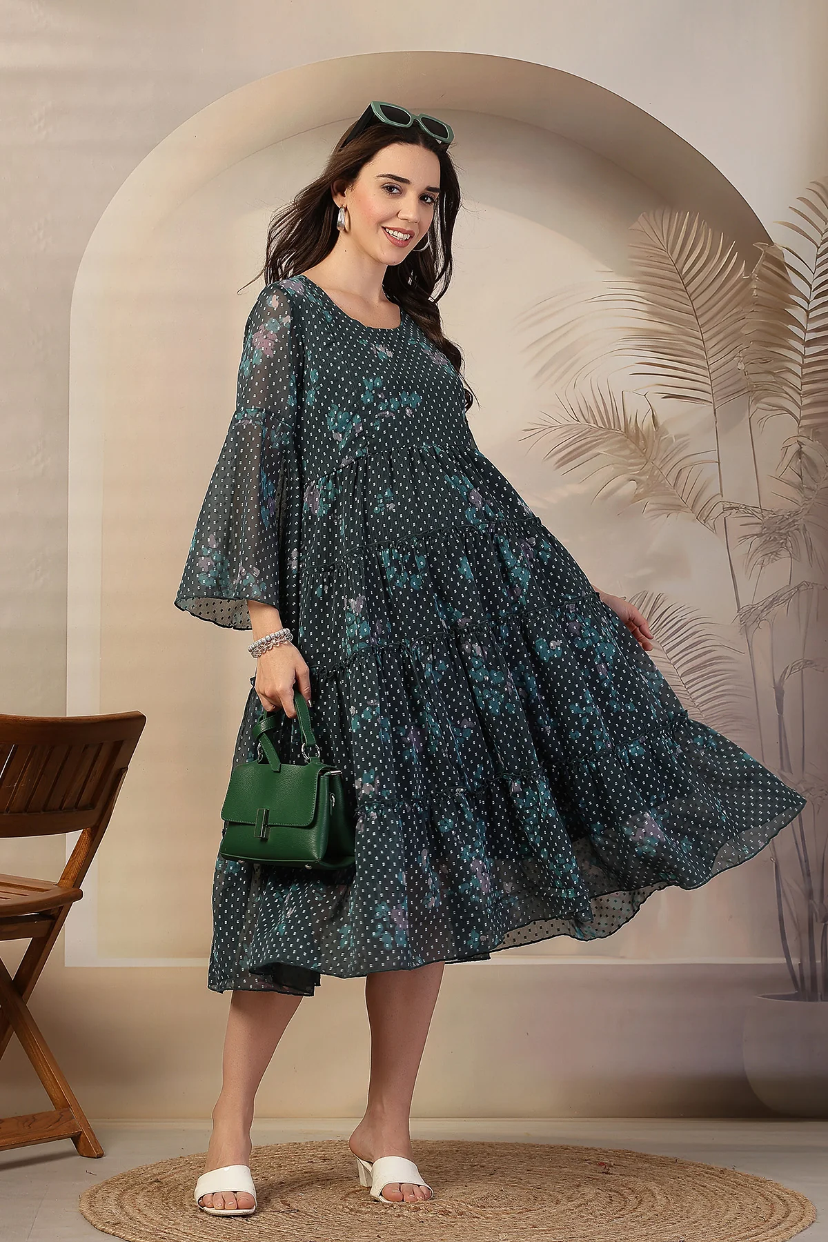 Dark Green Floral Printed Maternity Feeding Tiered Dress - Image 8