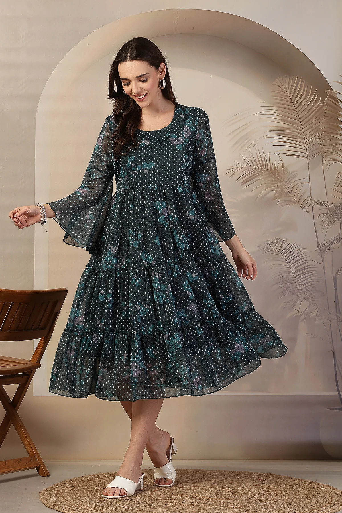 Dark Green Floral Printed Maternity Feeding Tiered Dress - Image 9