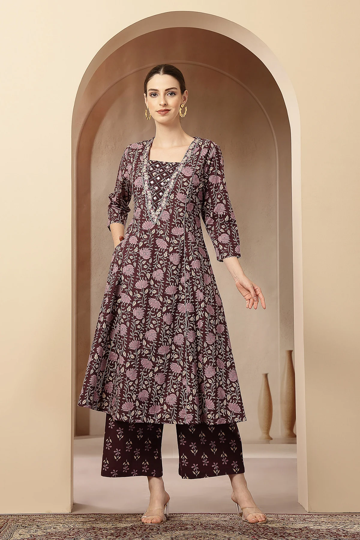 Dark Plum 100% Cotton Concealed Zip Feeding Maternity Kurta Set with Dupatta - Image 10
