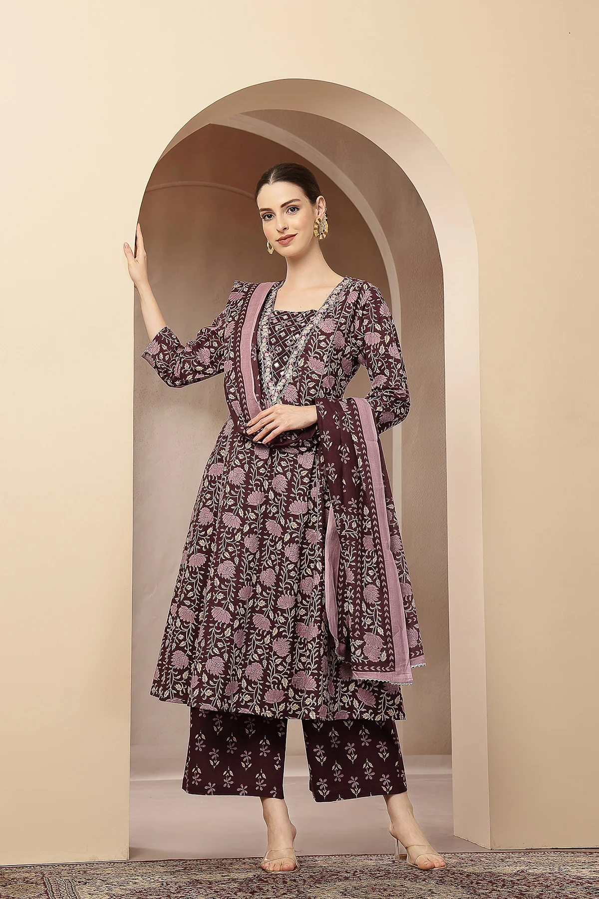 Dark Plum 100% Cotton Concealed Zip Feeding Maternity Kurta Set with Dupatta - Image 11