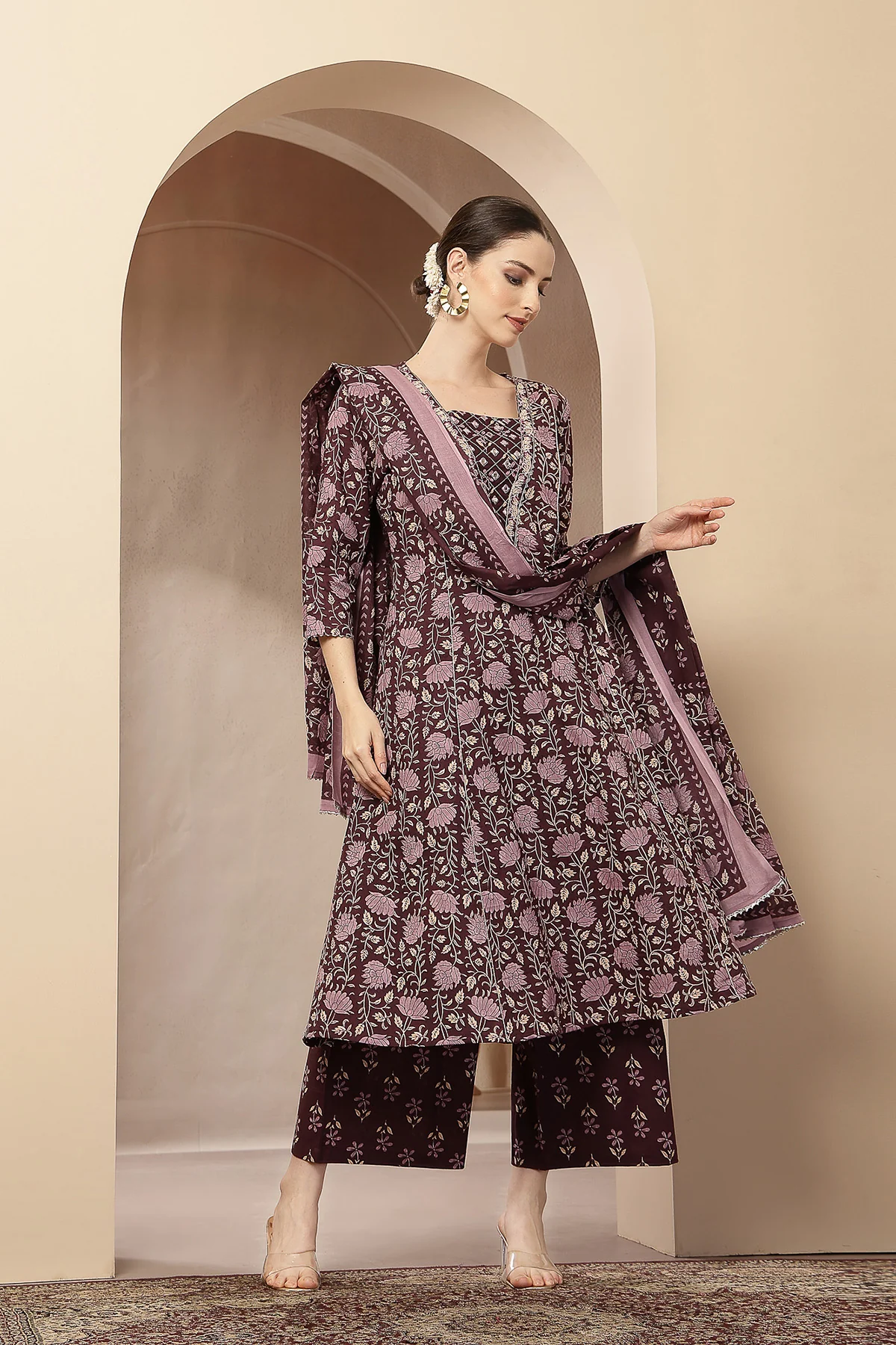 Dark Plum 100% Cotton Concealed Zip Feeding Maternity Kurta Set with Dupatta - Image 12