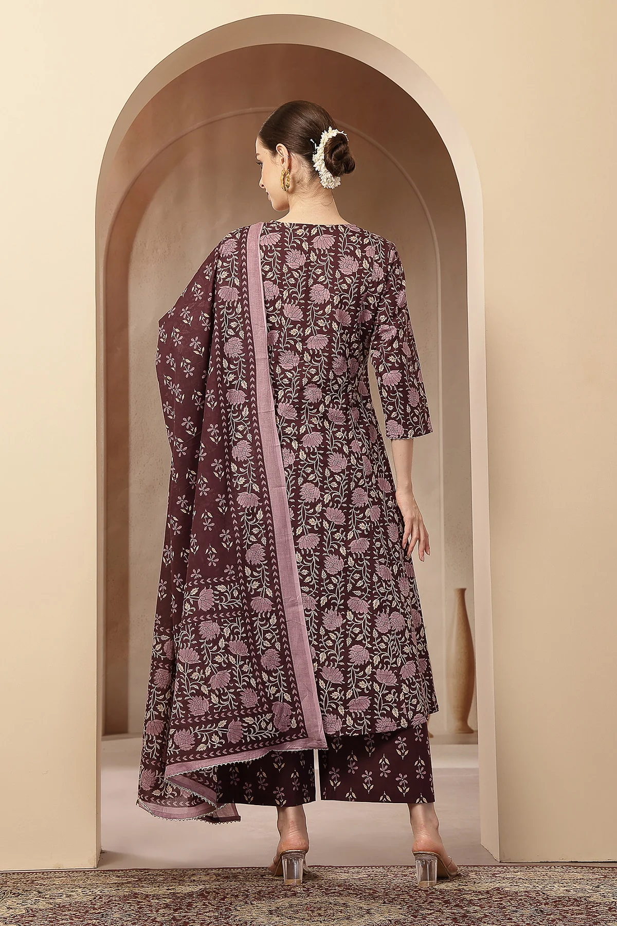 Dark Plum 100% Cotton Concealed Zip Feeding Maternity Kurta Set with Dupatta - Image 3