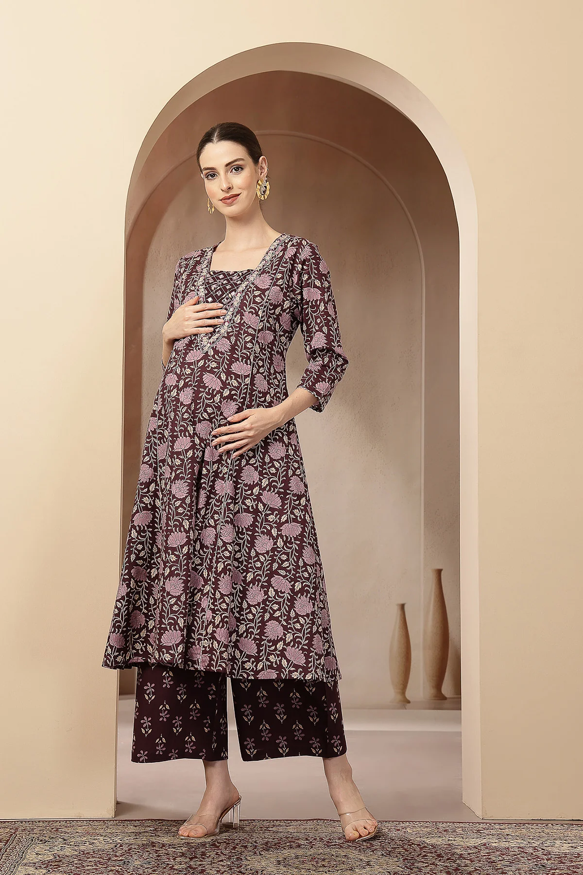 Dark Plum 100% Cotton Concealed Zip Feeding Maternity Kurta Set with Dupatta - Image 4