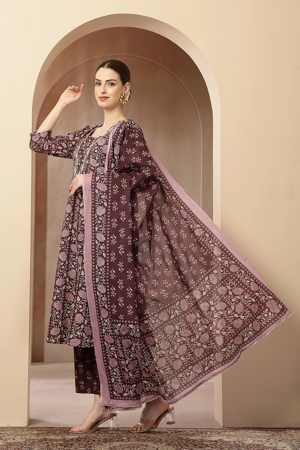 Dark Plum 100% Cotton Concealed Zip Feeding Maternity Kurta Set with Dupatta - Image 6