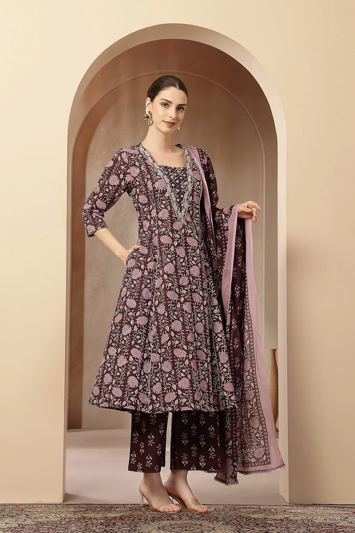 Dark Plum 100% Cotton Concealed Zip Feeding Maternity Kurta Set with Dupatta - Image 8