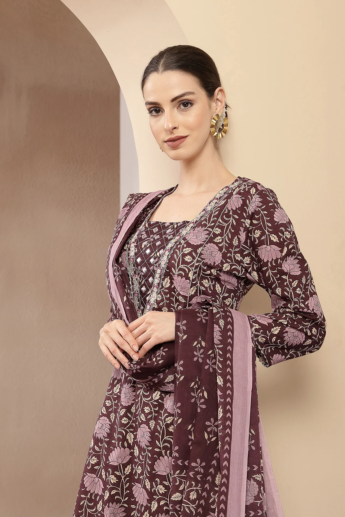 Dark Plum 100% Cotton Concealed Zip Feeding Maternity Kurta Set with Dupatta - Image 9