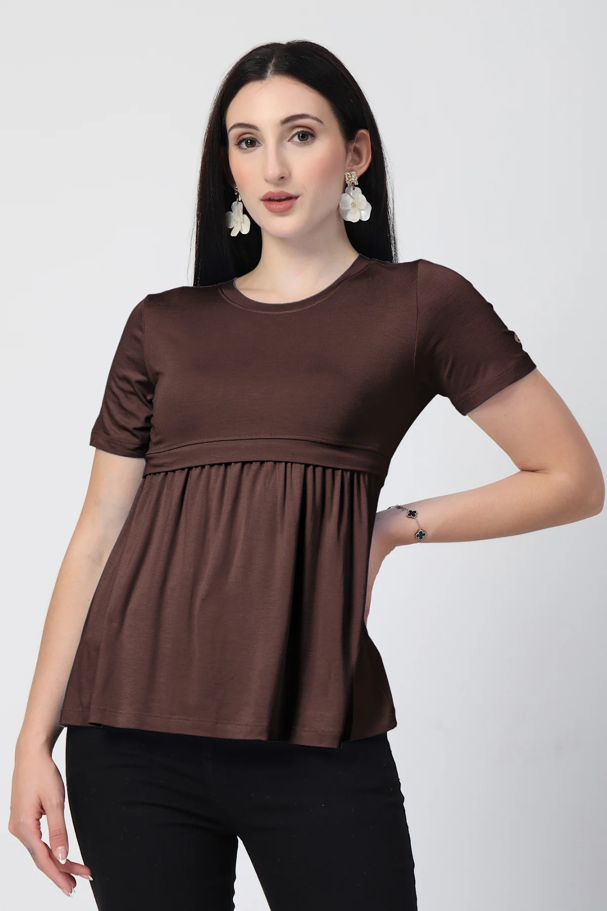 Dark Chocolate Maternity Zipless Feeding Gathered Top - Image 2