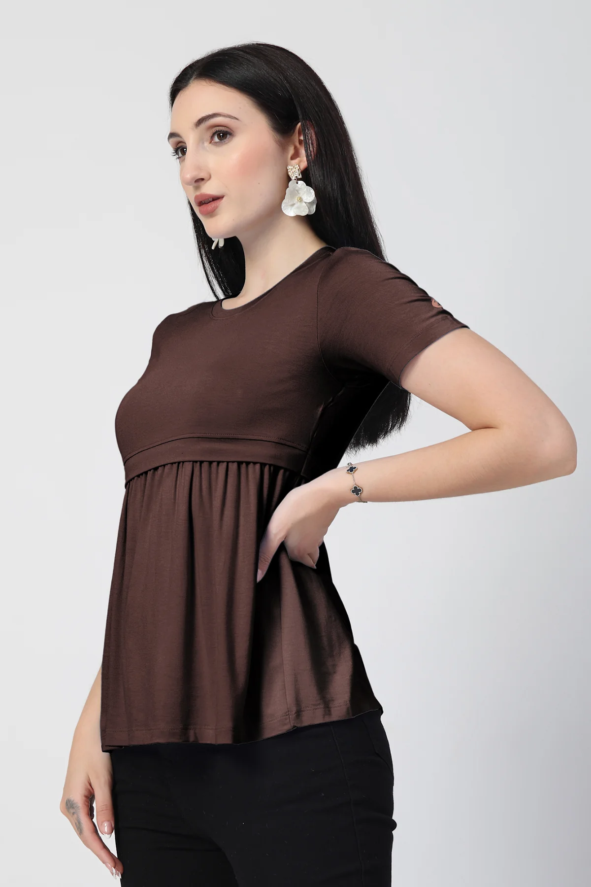 Dark Chocolate Maternity Zipless Feeding Gathered Top - Image 4