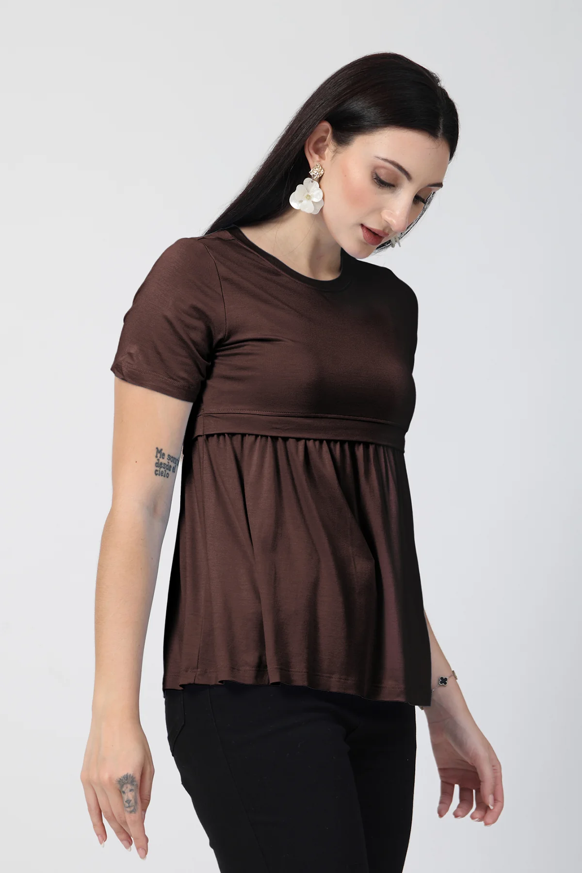 Dark Chocolate Maternity Zipless Feeding Gathered Top - Image 5