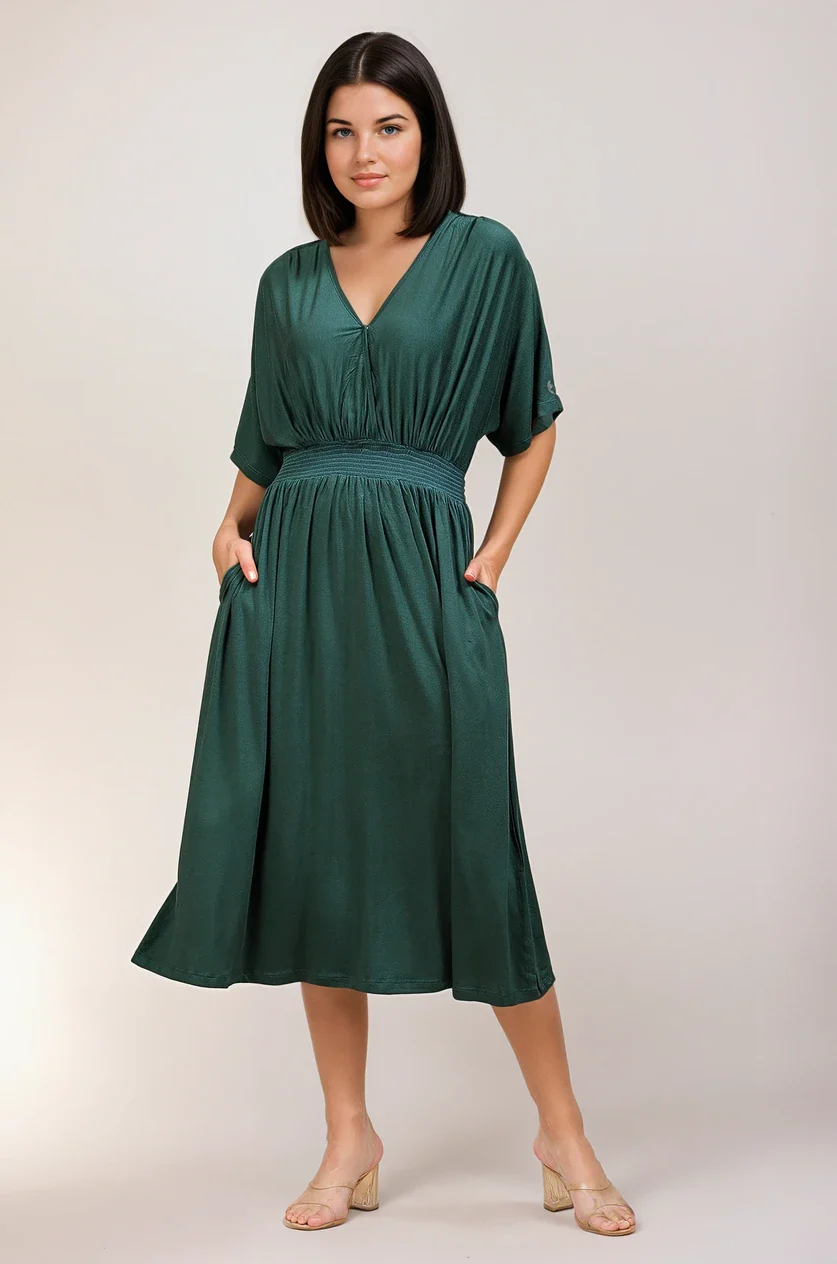 Deep Emerald Solid Smocked Waist Zipless Feeding Dress - Image 3