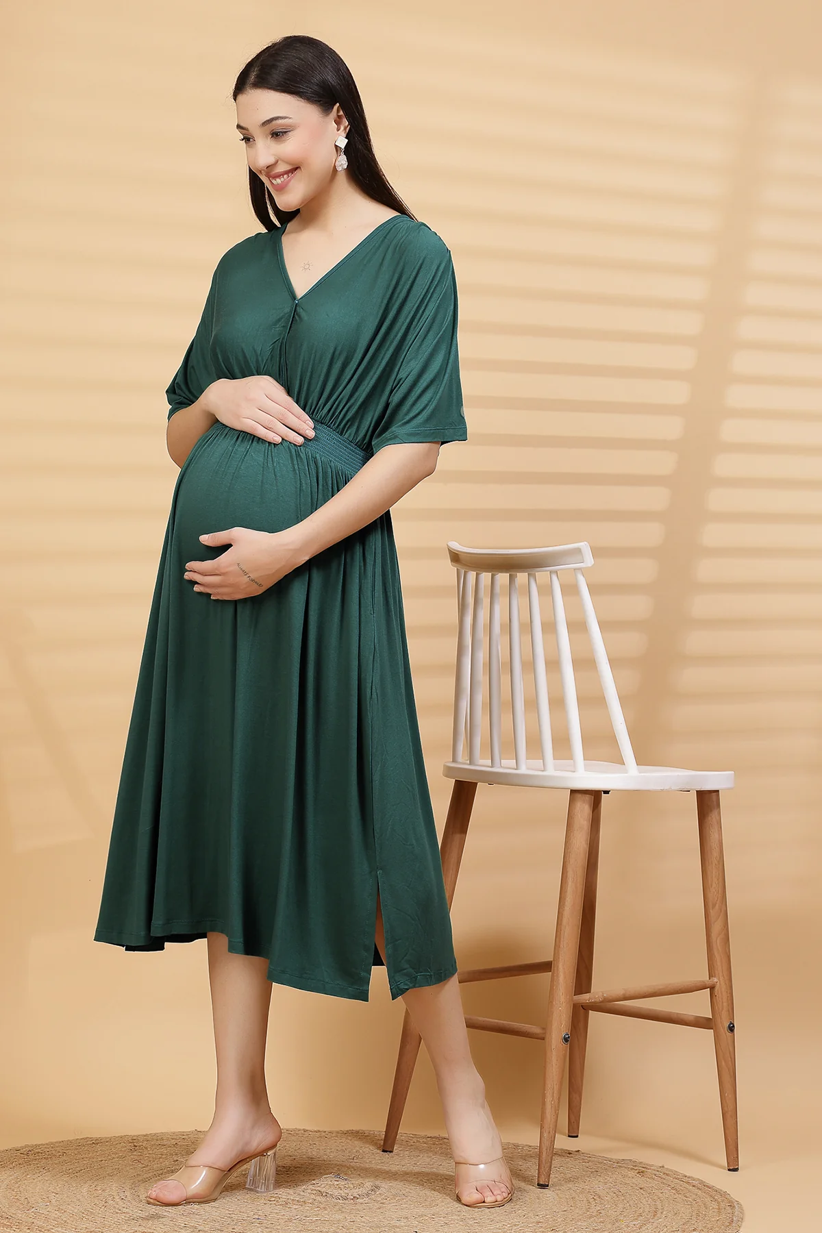 Deep Emerald Solid Smocked Waist Zipless Feeding Dress - Image 6