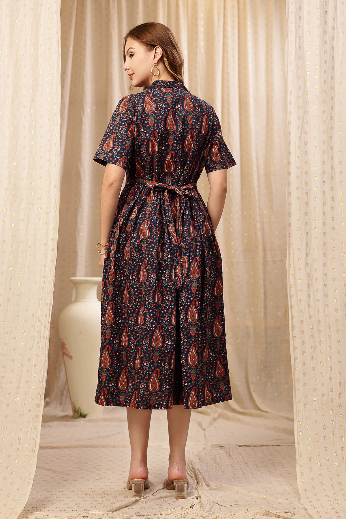 Deep Navy Zipless Maternity Lapel Dress with Pockets - Image 3